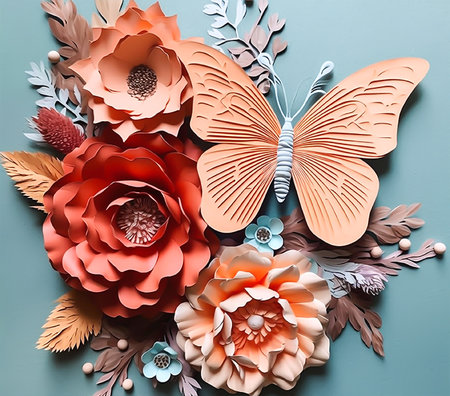 Paper flowers and butterfly on blue background. Flat lay, top viewの素材