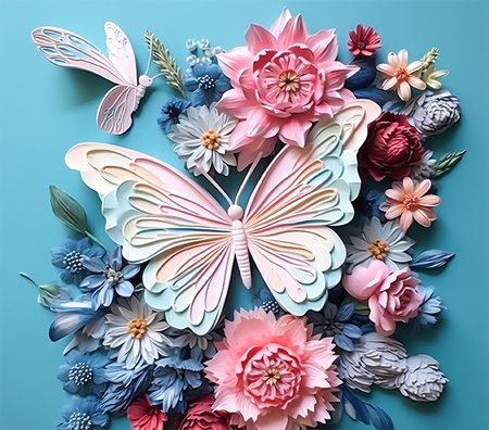 Paper butterfly and flowers on blue background. Flat lay, top viewの素材