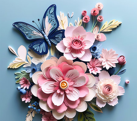 Paper flowers and butterfly on blue background. EPS 10 vector file includedの素材