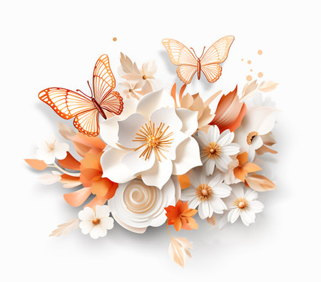 Paper flowers and butterflies on white background. Floral composition. Vector illustration.の素材