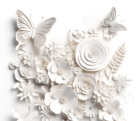 Paper flowers and butterflies on white background. 3d illustration. Paper cut.の素材
