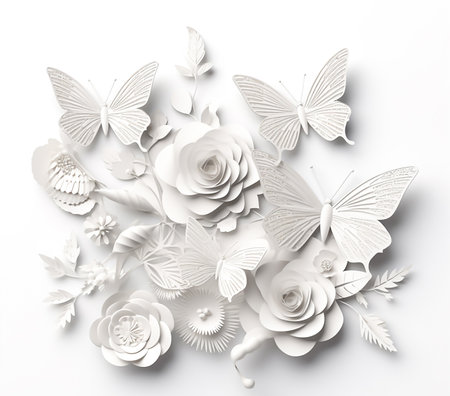 Paper flowers and butterflies on a white background. 3d rendering.の素材