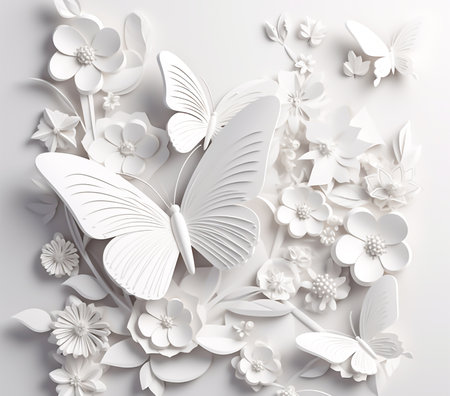 Paper white butterflies and flowers on white background. 3d illustration.の素材