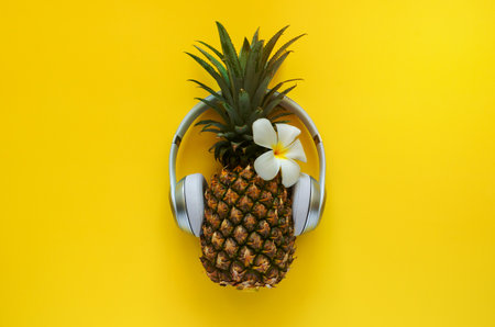 Pineapple wearing wireless headphone with white frangipani flower on yellow background. Minimal summer concept.の写真素材