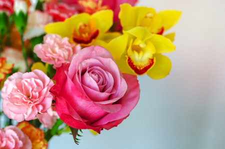 Colorful bouquet of flowers on white background for anniversary or Valentine day concept.の写真素材