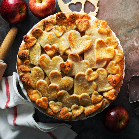 Apple pie with hearts shaped crust homemade treat for Valentines Dayの写真素材
