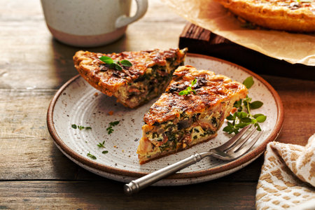 Sliced of bacon, mushroom and spinach quiche with cheddar cheese and herbs, rustic breakfast dishの写真素材