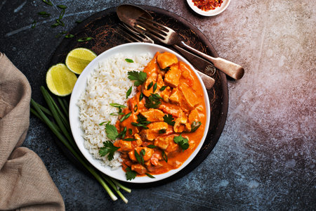 Chicken and cashew red curry with rice and herbs, thai inspired dish overhead viewの写真素材