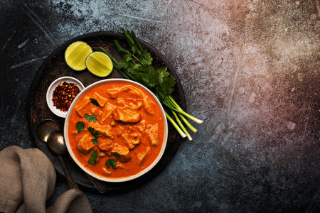 Chicken and cashew red curry, thai inspired dish overhead view with copy spaceの写真素材
