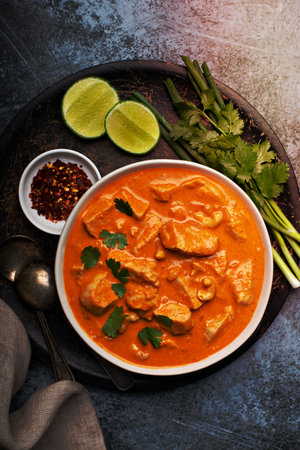 Chicken and cashew red curry, thai inspired dish overhead viewの写真素材