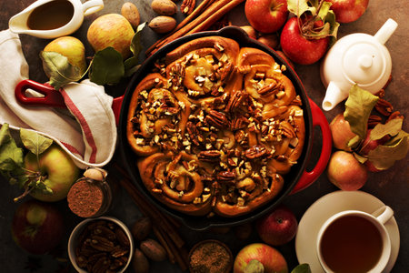 Cinnamon rolls with apples, caramel and pecan, fall baking concept overhead shotの写真素材
