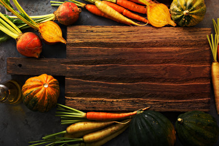Autumn vegetables background, carrots, beets and squashes around a cutting boardの写真素材