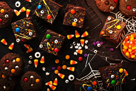 Chocolate monster brownies with candy and sprinkles, homemade treats for Halloween overhead shotの写真素材