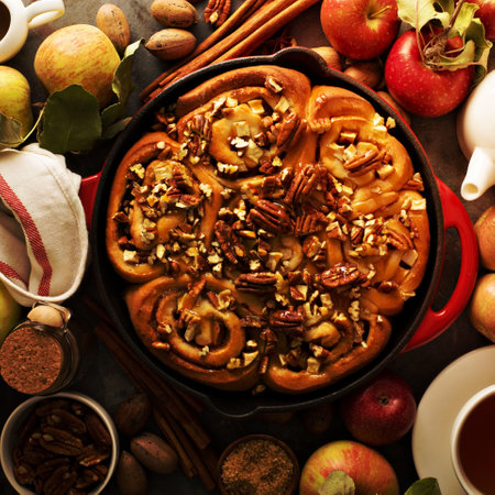 Cinnamon rolls with apples, caramel and pecan, fall baking concept overhead shotの写真素材