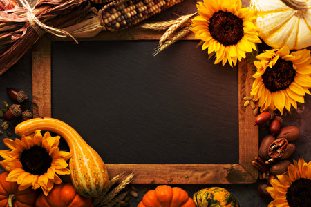 Fall chalkboard frame background with sunflowers and pumpkinsの写真素材