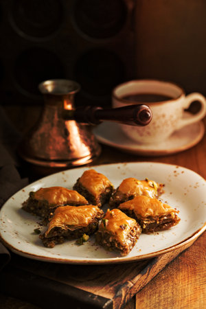 Homemade baklava with nuts and honey syrupの写真素材