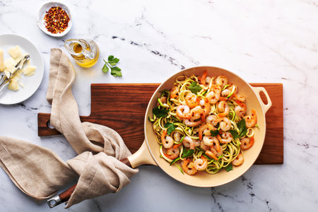 Shrimp and zucchini noodles or zoodles pasta with parmesan and chili flakes cooked in a cast iron panの写真素材