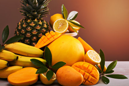 Variety of yellow tropical fruits on the table pineapple, banana, mango, lemon, melonの写真素材