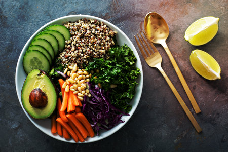 Vegan bowl with fresh vegetables, avocado and quinoaの写真素材