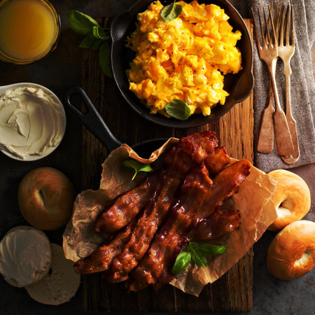 Big breakfast with bacon, bagels and scrambled eggs on the table overheadの写真素材