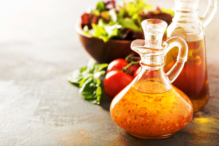 Italian vinaigrette dressing in a vintage bottle with fresh vegetables on the tableの写真素材