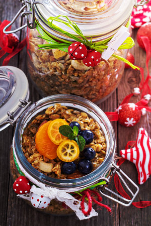 Homemade orange granola wrapped as christmas presentの写真素材