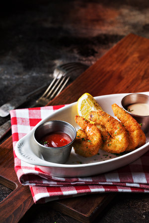 Fried shrimp appetizer with sauces on a plateの写真素材
