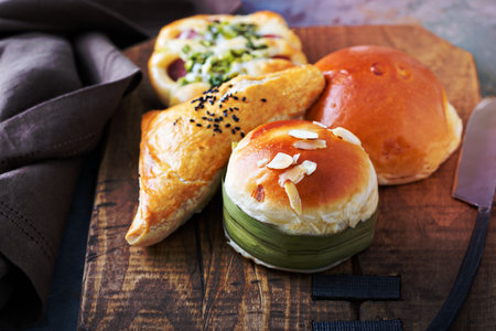 Savory chinese pastries with red bean and meat fillingの写真素材
