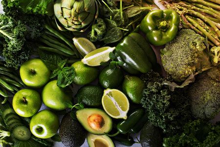 Variety of green vegetables and fruits spread on the tableの写真素材