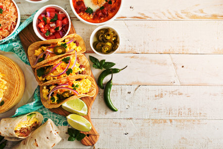 Variety of colorful mexican cuisine breakfast dishes on a tableの写真素材