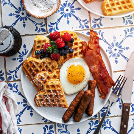 Breakfast table with waffles, fried egg, bacon and sausage served with fresh berries and maple syrupの写真素材