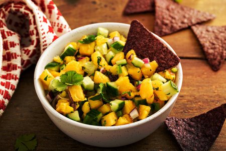 Pineapple and cucumber salsa with jalapeno and red onion served with chipsの写真素材