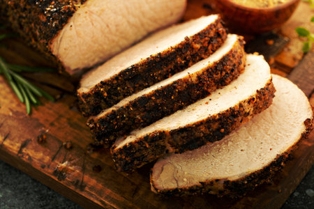 Roasted pork loin with a spicy rub and mustard sauceの写真素材
