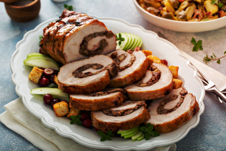 Roasted pork loin stuffed with apple and cranberry filling made for Thanksgiving or Christmas dinnerの写真素材