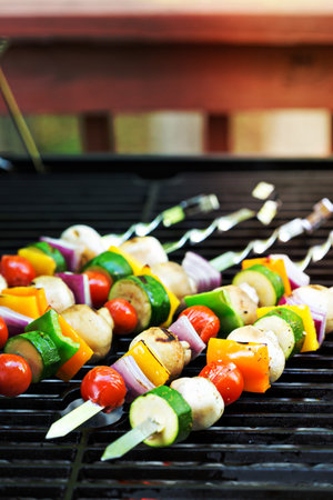 Vegetable and mushrooms kabobs on the grillの写真素材