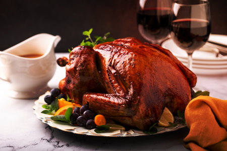Whole roasted turkey for a celebration Thanksgiving or Christmas dinner with gravyの写真素材