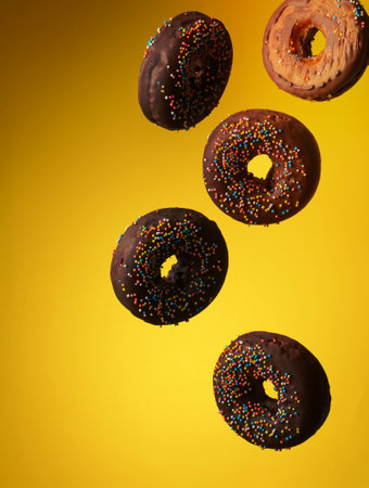 chocolate round donuts with multicolored sugar sprinkles levitate on a yellow backgroundの写真素材