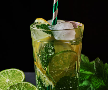 cold lemonade made from fresh lemons, lime, green mint and pieces of ice in a glass on a black background, close upの写真素材