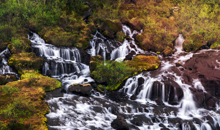 Hraunfossar is unique water falls in Iceland water flows under lava stones.の写真素材