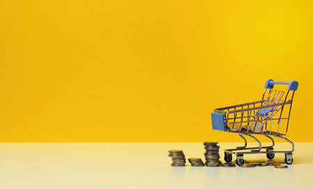 metal trolley and small change on a white table. Savings concept, discounts, low purchasing powerの写真素材