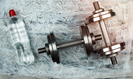 pair of shiny steel typesetting dumbbells for bodybuilding on a gray background, top viewの写真素材