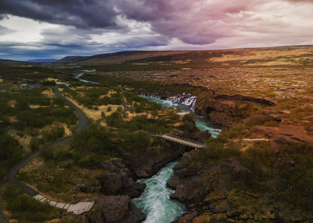 Scenic Barnafossar landscape aerial view in Icelandの写真素材