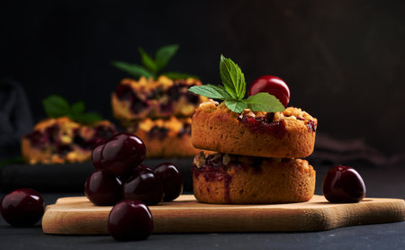 Portion crumble pie with cherries on a wooden board decorated with green mint leaves, black backgroundの写真素材