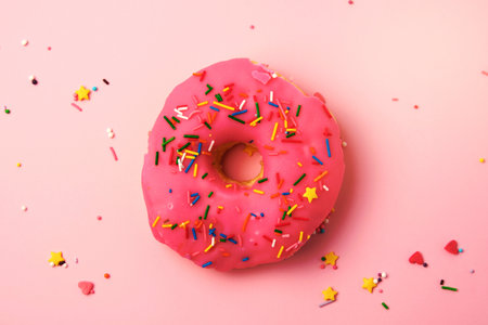 pink round donut with colored sprinkles on a pastel background, top viewの写真素材