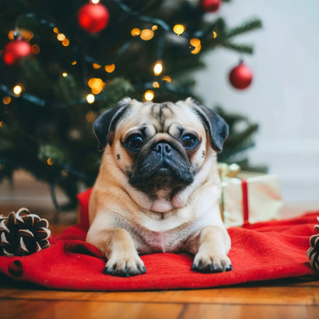 pug sitting under christmas treeの素材