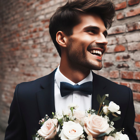 groom standing with wedding bouquetの素材