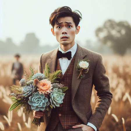 groom standing with wedding bouquetの素材