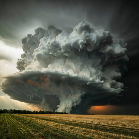 An ear shot of a very large storm cloud in the style of dimitry roulland apocalyptic visionsの素材