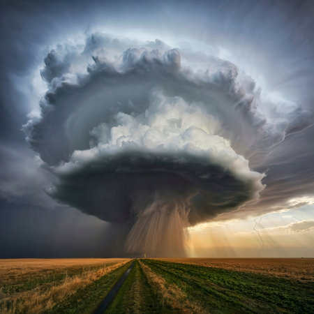 An ear shot of a very large storm cloud in the style of dimitry roulland apocalyptic visionsの素材