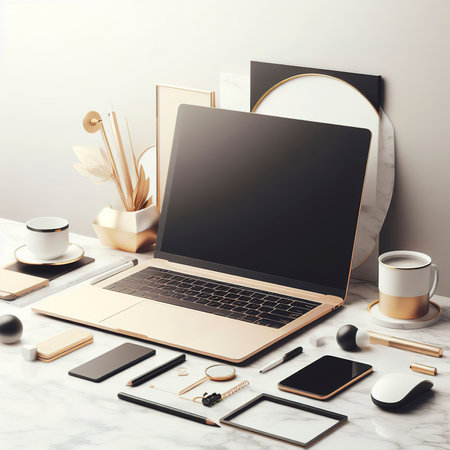 Smart modern laptop with blank screen on marble table. Elegant Design with copy space for placement your template mock up.の素材